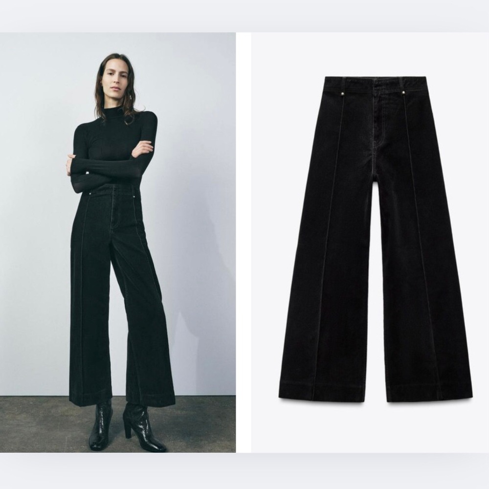 ZARA High Waist Wide-Leg Black Flocked Jeans, brushed finish, tailored- US10+12